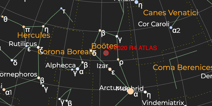 Комета C/2020 R4 (ATLAS) - Расположение на астрономической карте