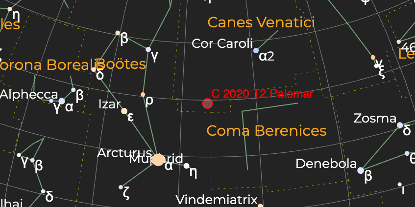 Комета C/2020 T2 (Palomar) - Расположение на астрономической карте