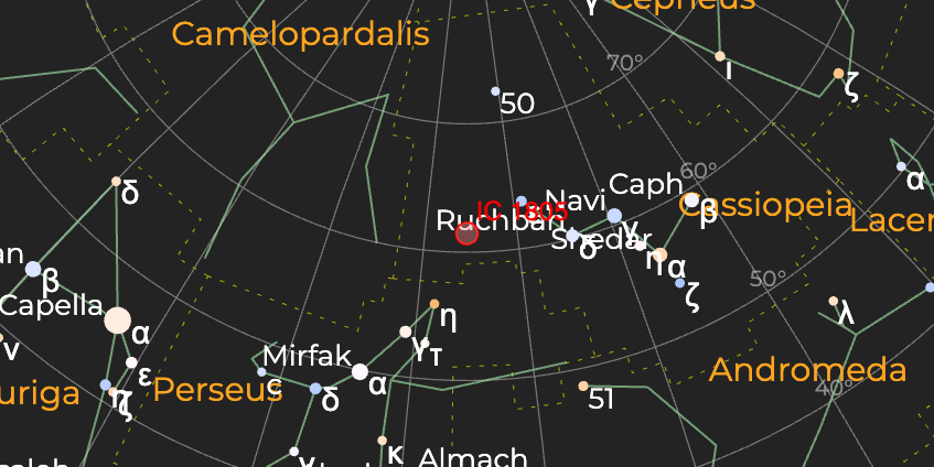 Туманность "Сердце" (IC 1805) - Расположение на астрономической карте
