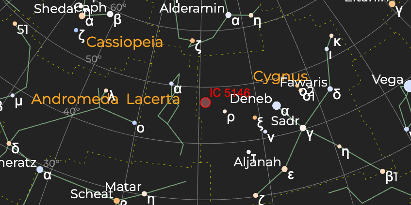 Туманность "Кокон" (IC 5146) - Расположение на астрономической карте