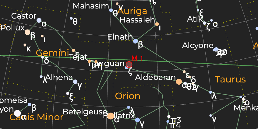 "Крабовидная туманность" (М 1) - Расположение на астрономической карте