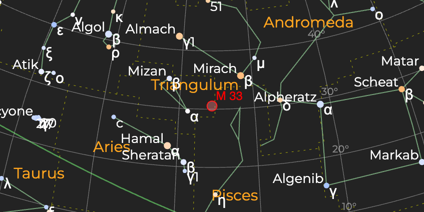 Галактика "Треугольника" (M 33) - Расположение на астрономической карте