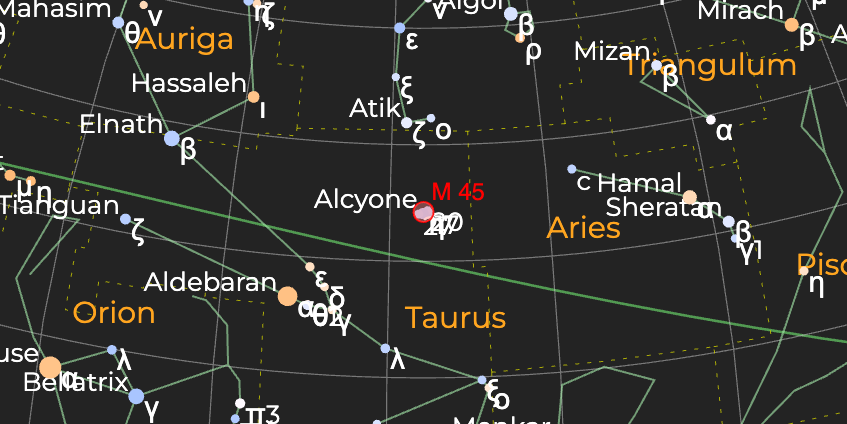 Звездное скопление "Плеяды" (M 45) - Расположение на астрономической карте