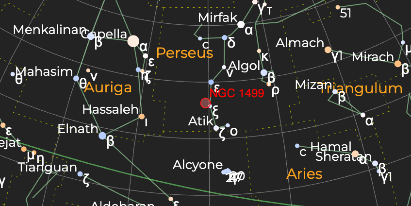 Туманность Калифорния NGC 1499 - Расположение на астрономической карте