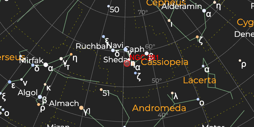 Туманность "Пакман" (NGC 281) - Расположение на астрономической карте