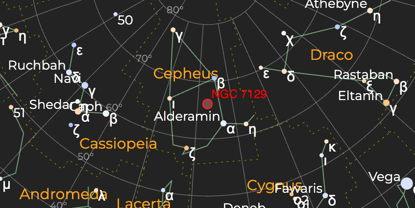 Туманность "Валентинова роза" (NGC 7129) - Расположение на астрономической карте