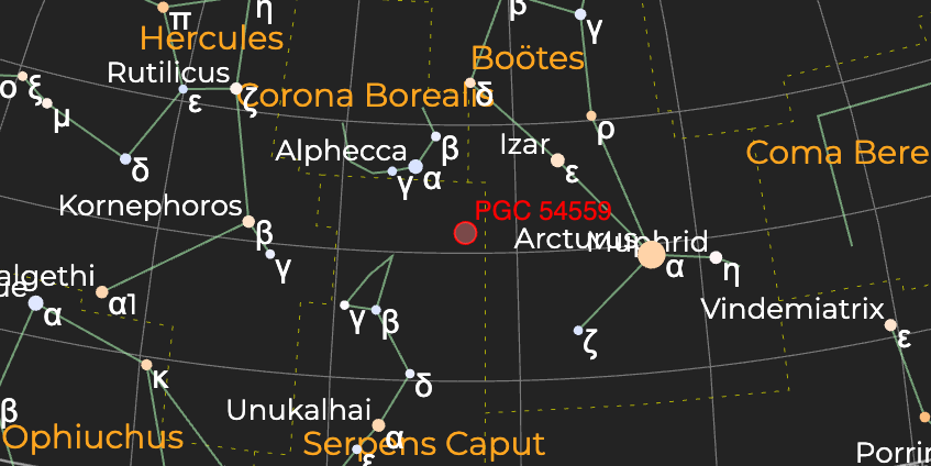 Кольцеобразная галактика "Объект Хога" (PGC 54559) - Расположение на астрономической карте
