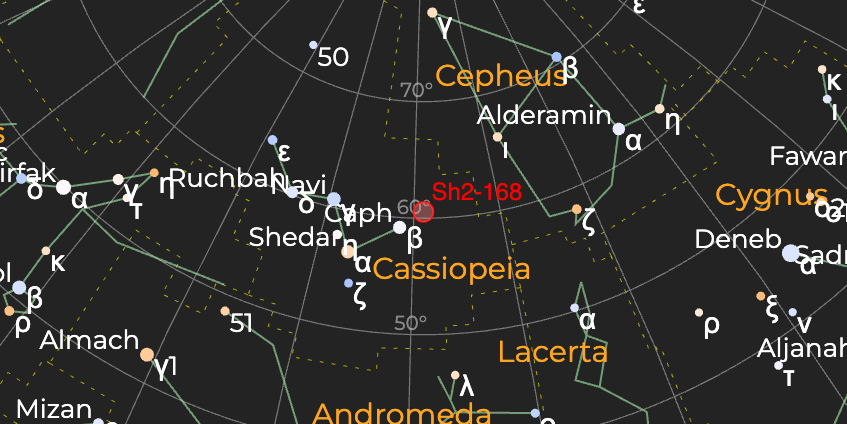 Эмиссионная туманность (Sh2-168) - Расположение на астрономической карте