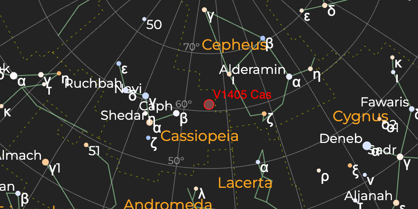 Новая Кассиопеи (V1405 Cas) - Расположение на астрономической карте