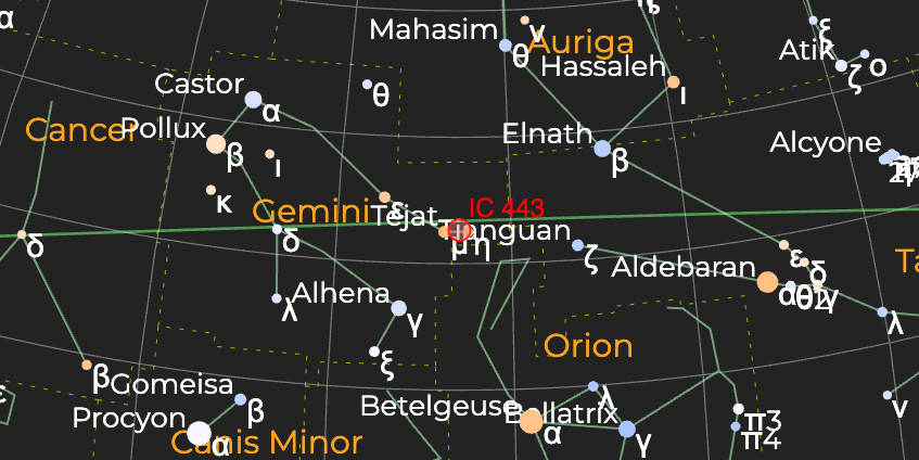 Остаток сверхновой (IC 443) - Расположение на астрономической карте